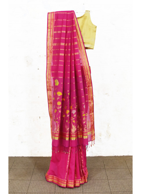 Pink, Handwoven Organic Cotton, Textured Weave, Jacquard, Festive Wear, Jari Saree